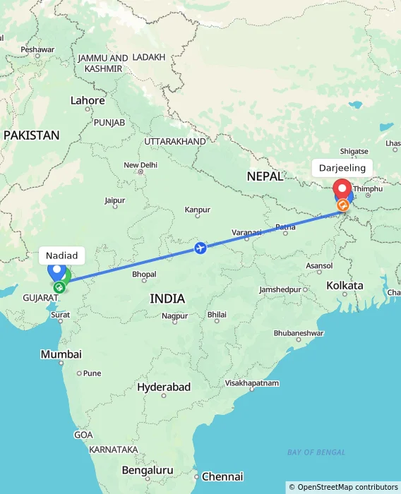 Route map showing distance and travel time from Nadiad, India to Darjeeling, India