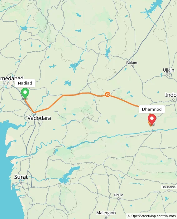 Route map showing distance and travel time from Nadiad, India to Dhamnod, India