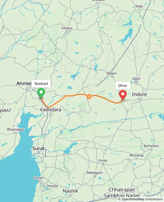 Route map showing distance and travel time from Nadiad, India to Dhar, India