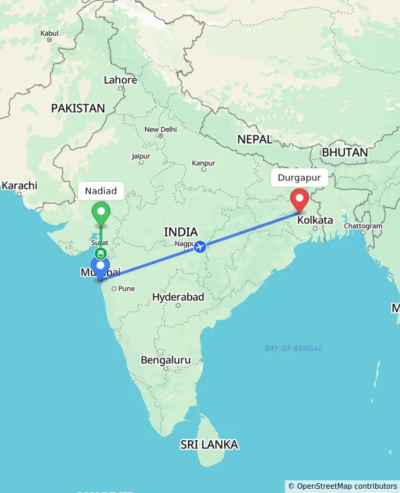 Route map showing distance and travel time from Nadiad, India to Durgapur, India