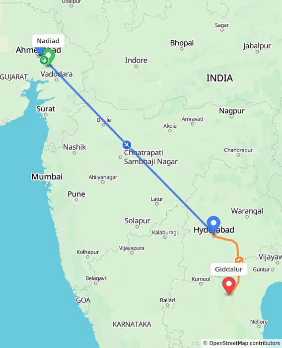 Route map showing distance and travel time from Nadiad, India to Giddalur, India
