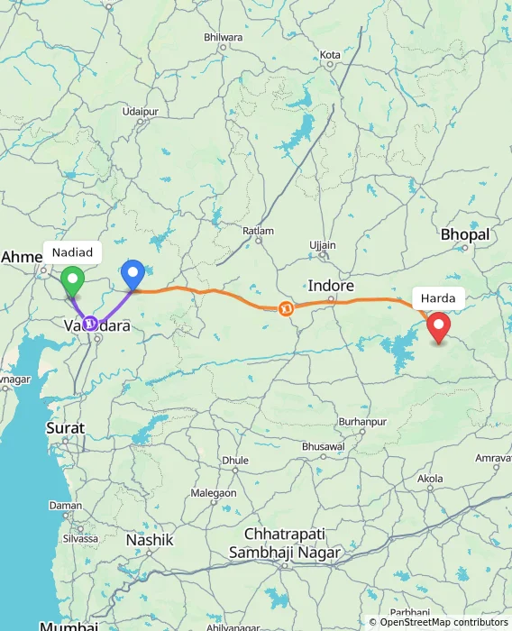 Route map showing distance and travel time from Nadiad, India to Harda, India