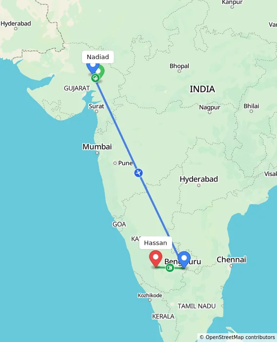 Route map showing distance and travel time from Nadiad, India to Hassan, India