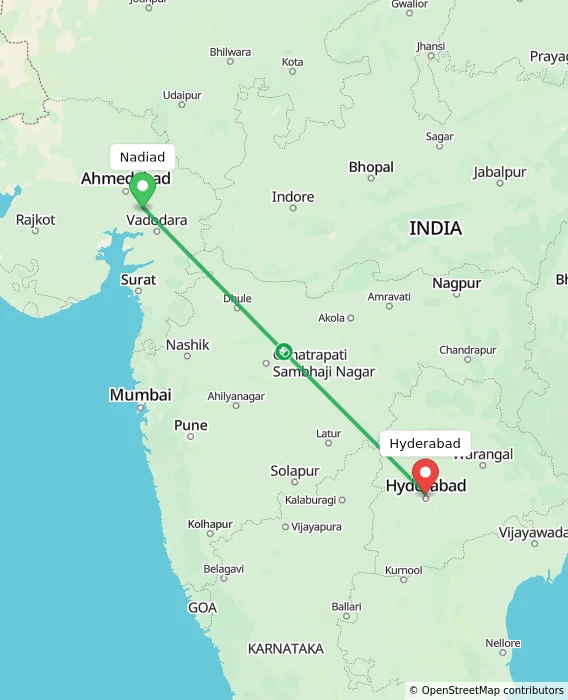 Route map showing distance and travel time from Nadiad, India to Hyderabad, India