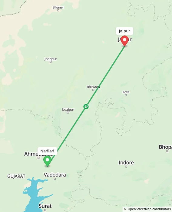 Route map showing distance and travel time from Nadiad, India to Jaipur, India