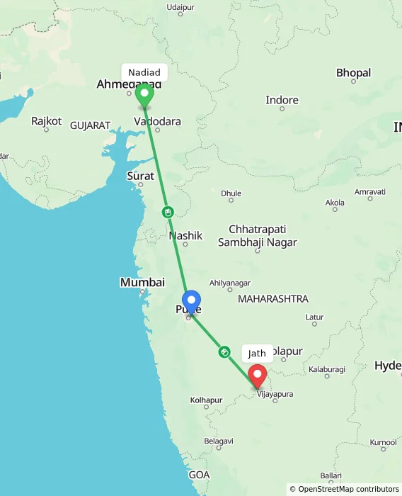 Route map showing distance and travel time from Nadiad, India to Jath, India