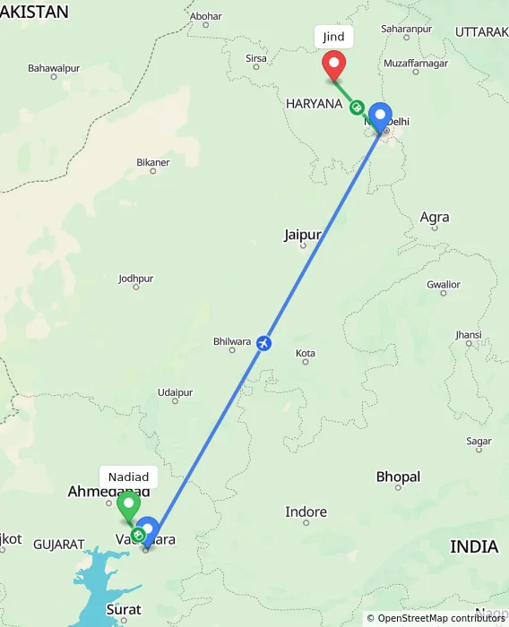 Route map showing distance and travel time from Nadiad, India to Jind, India
