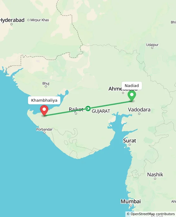 Route map showing distance and travel time from Nadiad, India to Khambhaliya, India