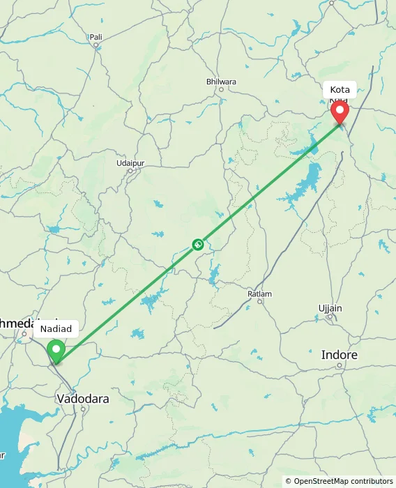 Route map showing distance and travel time from Nadiad, India to Kota, India