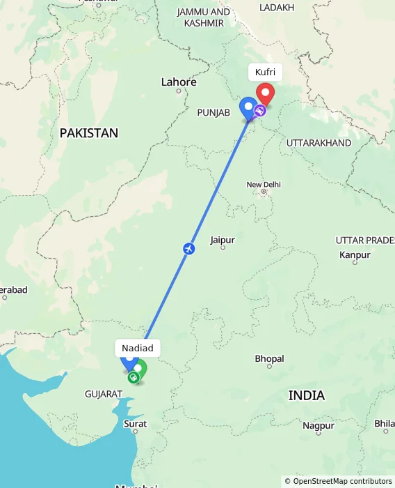 Route map showing distance and travel time from Nadiad, India to Kufri, India