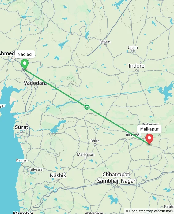 Route map showing distance and travel time from Nadiad, India to Malkapur, India