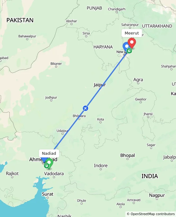 Route map showing distance and travel time from Nadiad, India to Meerut, India