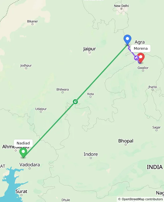Route map showing distance and travel time from Nadiad, India to Morena, India