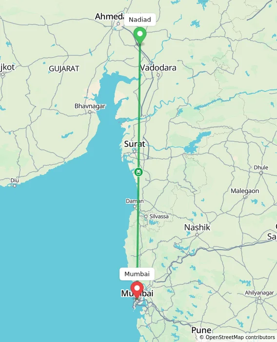 Route map showing distance and travel time from Nadiad, India to Mumbai, India