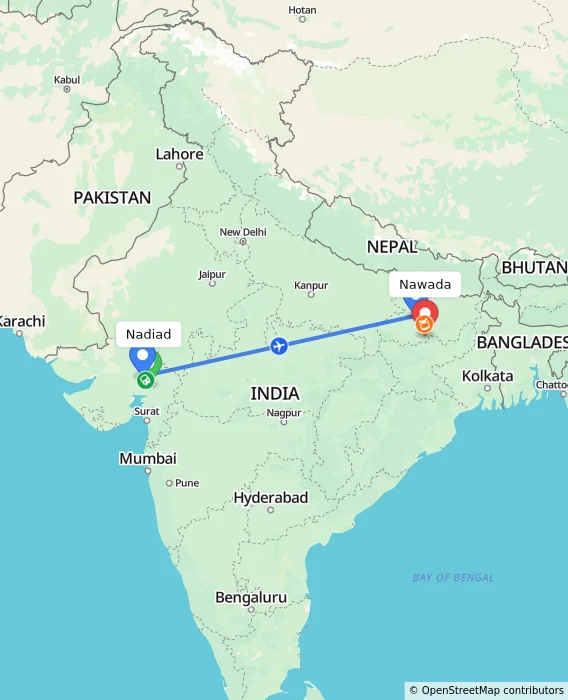 Route map showing distance and travel time from Nadiad, India to Nawada, India