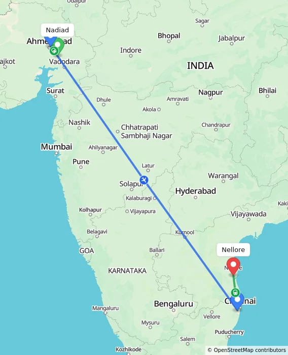 Route map showing distance and travel time from Nadiad, India to Nellore, India