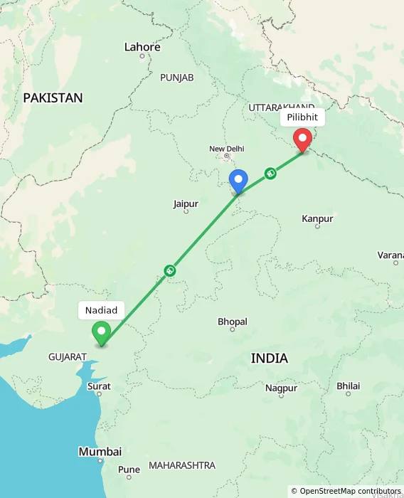 Route map showing distance and travel time from Nadiad, India to Pilibhit, India