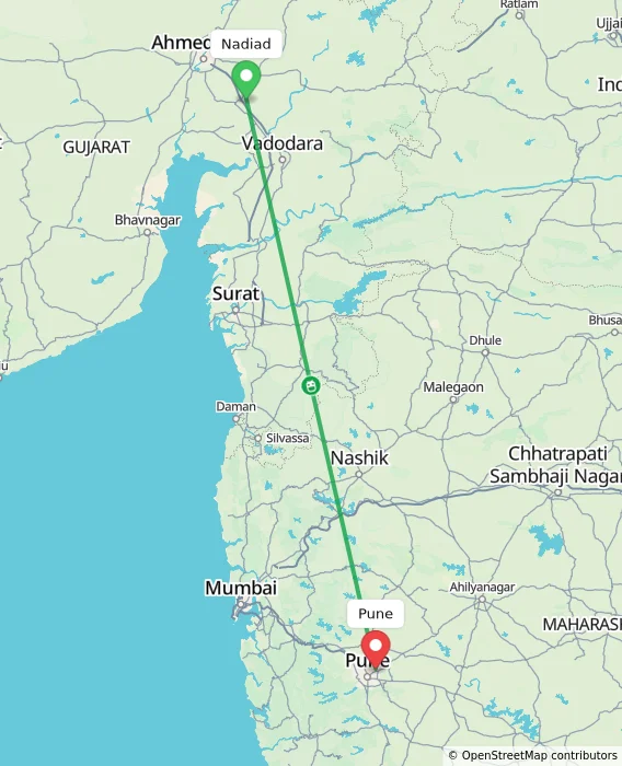 Route map showing distance and travel time from Nadiad, India to Pune, India