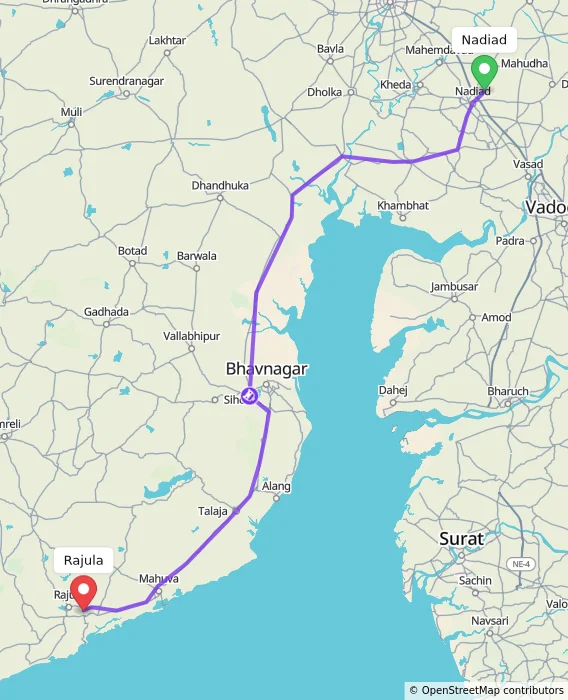 Route map showing distance and travel time from Nadiad, India to Rajula, India