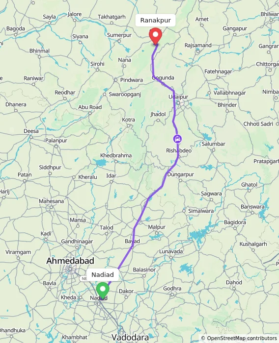 Route map showing distance and travel time from Nadiad, India to Ranakpur, India