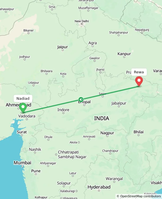 Route map showing distance and travel time from Nadiad, India to Rewa, India