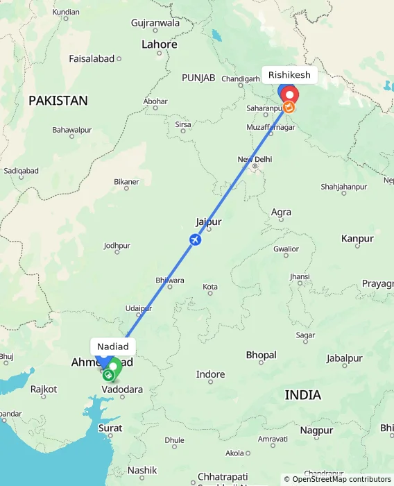 Route map showing distance and travel time from Nadiad, India to Rishikesh, India