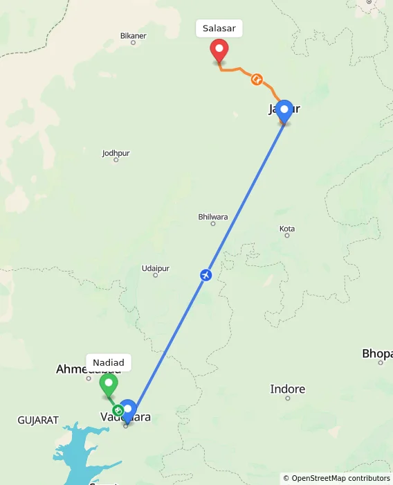 Route map showing distance and travel time from Nadiad, India to Salasar, India