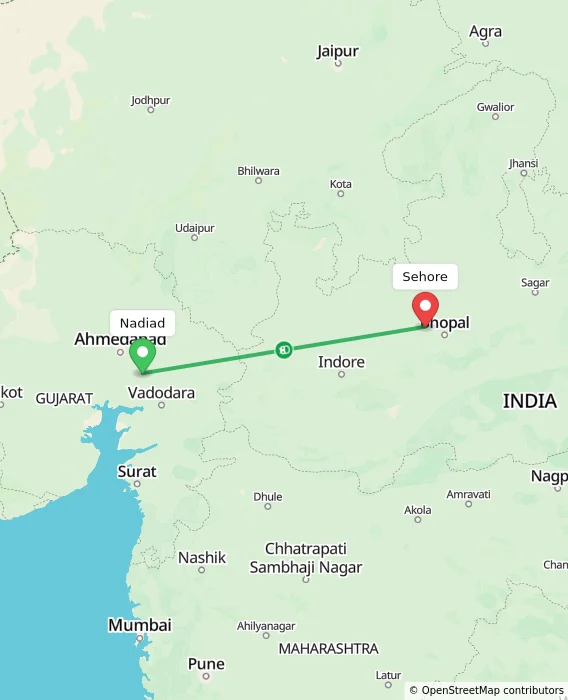 Route map showing distance and travel time from Nadiad, India to Sehore, India