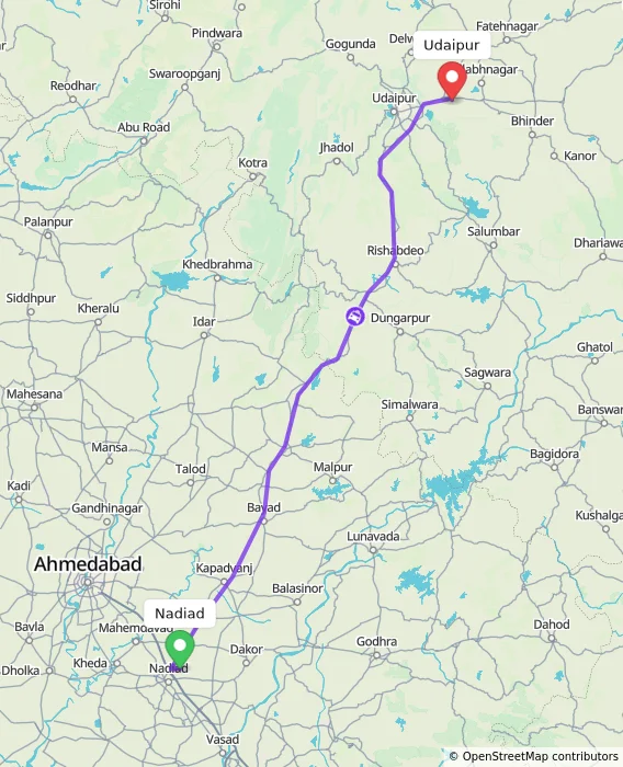 Route map showing distance and travel time from Nadiad, India to Udaipur, India