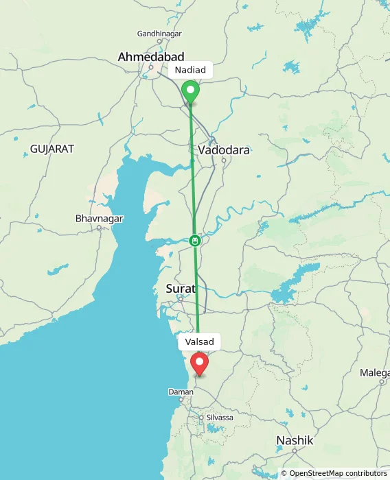 Route map showing distance and travel time from Nadiad, India to Valsad, India