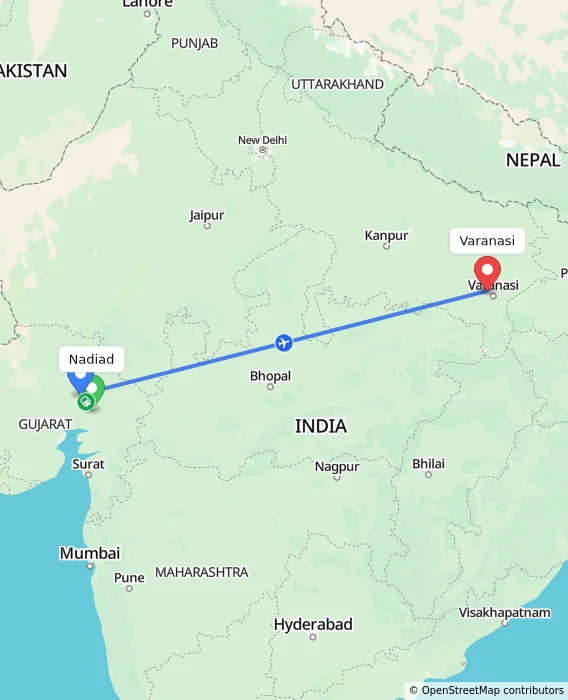 Route map showing distance and travel time from Nadiad, India to Varanasi, India