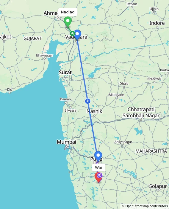 Route map showing distance and travel time from Nadiad, India to Wai, India