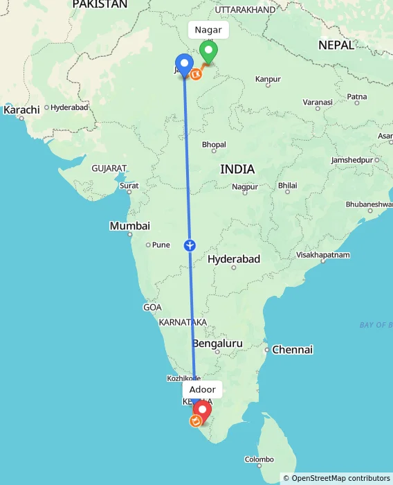Route map showing distance and travel time from Nagar, India to Adoor, India