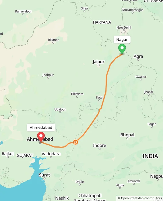 Route map showing distance and travel time from Nagar, India to Ahmedabad, India