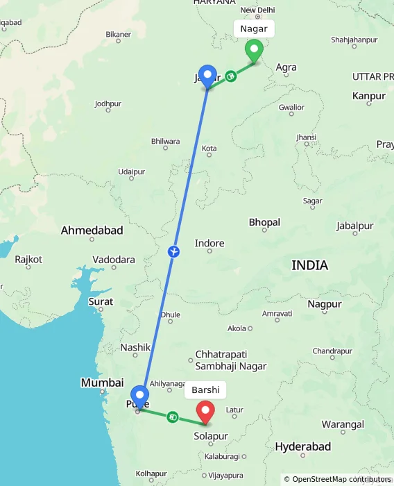 Route map showing distance and travel time from Nagar, India to Barshi, India