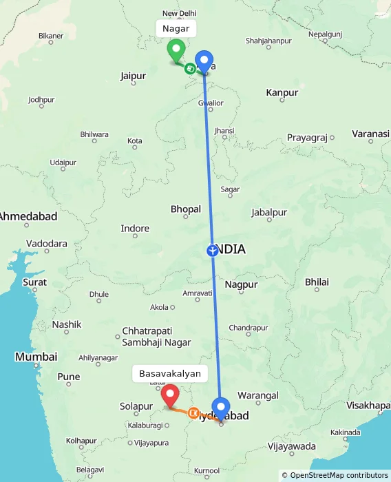 Route map showing distance and travel time from Nagar, India to Basavakalyan, India
