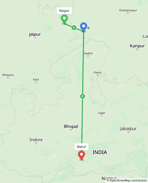 Route map showing distance and travel time from Nagar, India to Betul, India