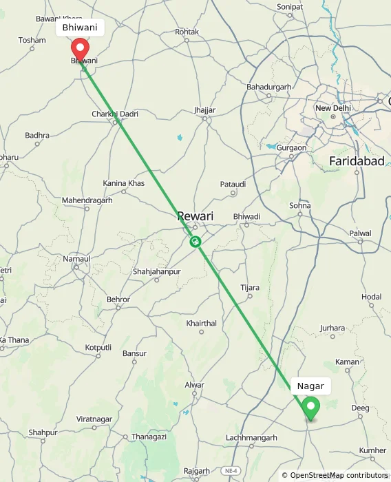 Route map showing distance and travel time from Nagar, India to Bhiwani, India