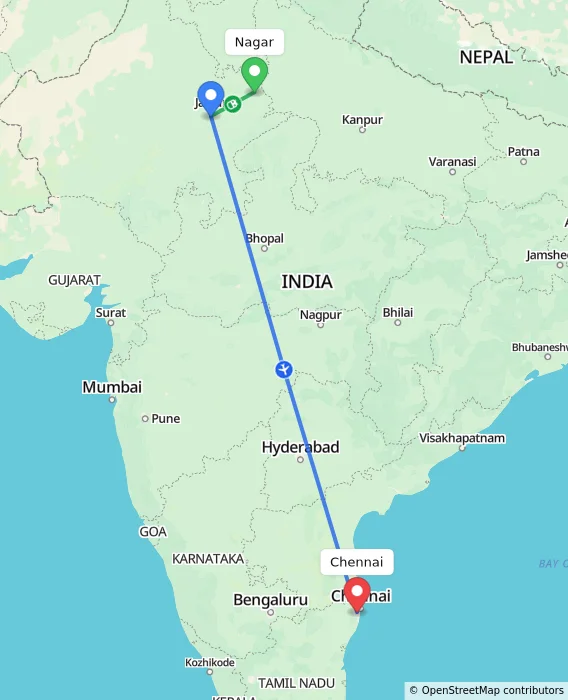 Route map showing distance and travel time from Nagar, India to Chennai, India