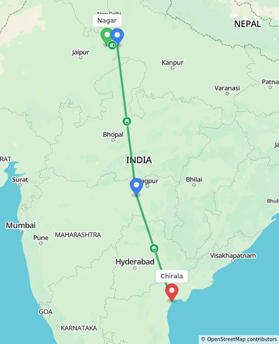 Route map showing distance and travel time from Nagar, India to Chirala, India