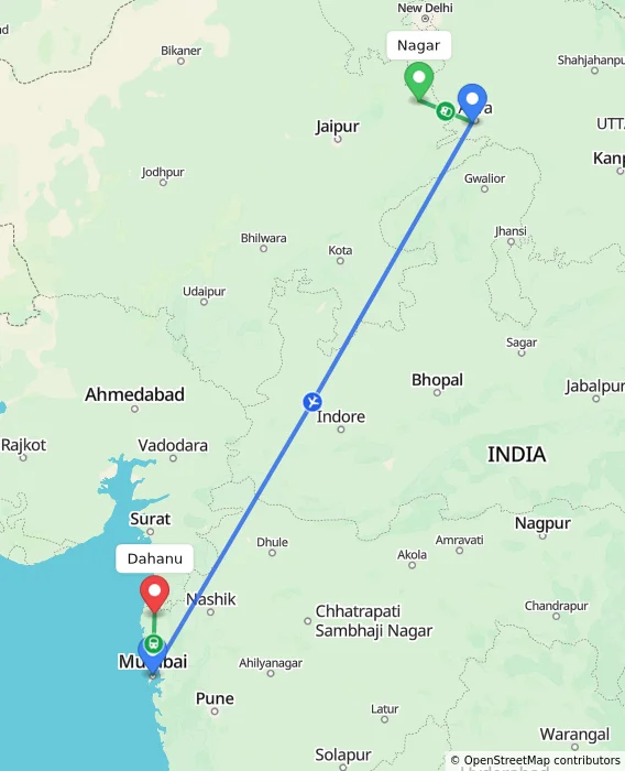 Route map showing distance and travel time from Nagar, India to Dahanu, India