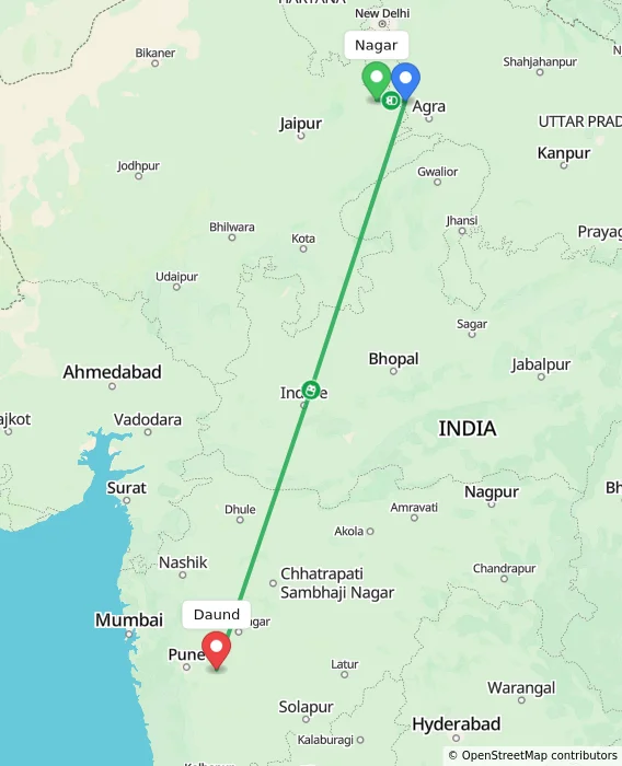 Route map showing distance and travel time from Nagar, India to Daund, India