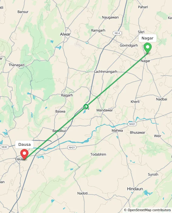 Route map showing distance and travel time from Nagar, India to Dausa, India
