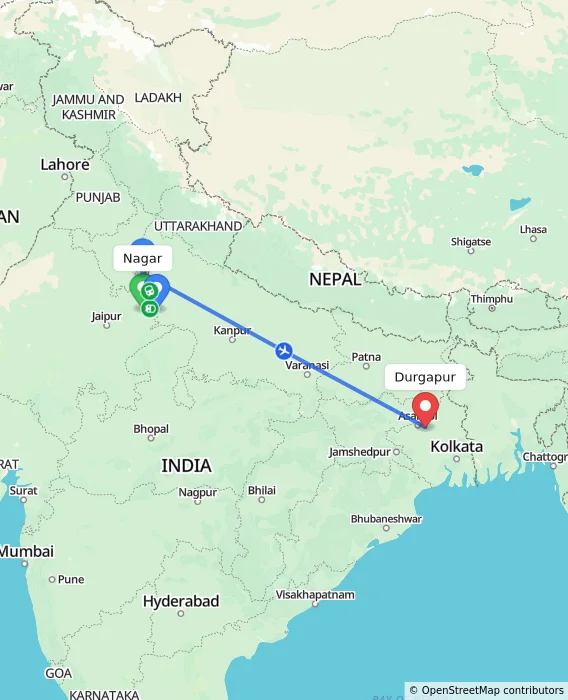 Route map showing distance and travel time from Nagar, India to Durgapur, India