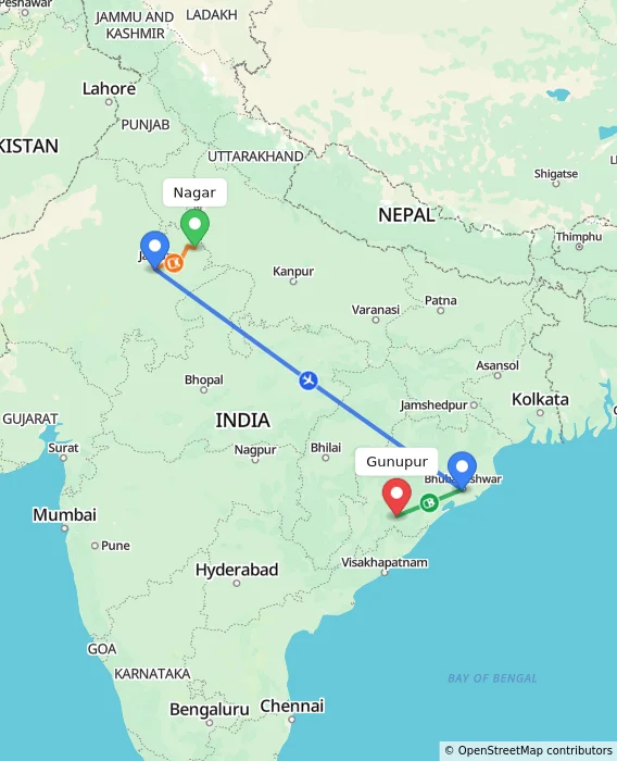 Route map showing distance and travel time from Nagar, India to Gunupur, India