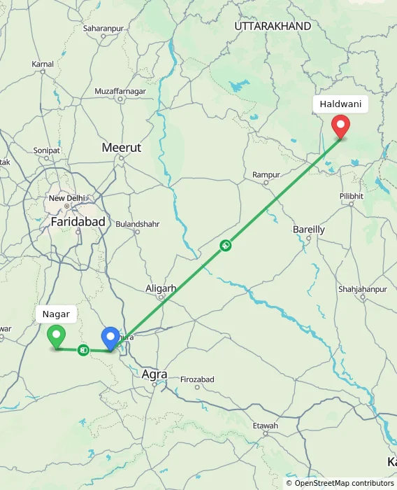 Route map showing distance and travel time from Nagar, India to Haldwani, India