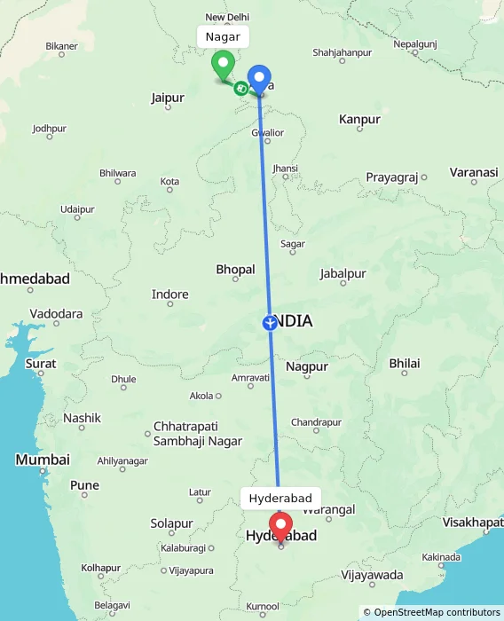 Route map showing distance and travel time from Nagar, India to Hyderabad, India