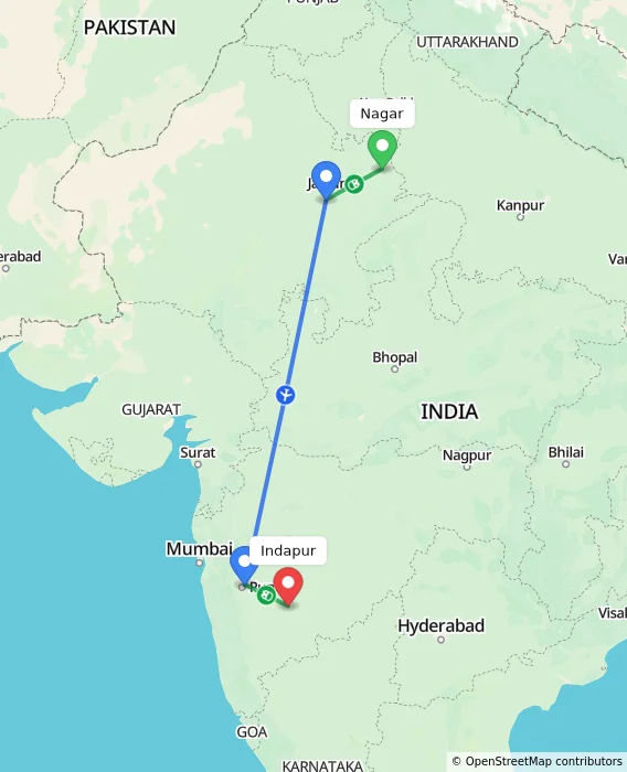 Route map showing distance and travel time from Nagar, India to Indapur, India