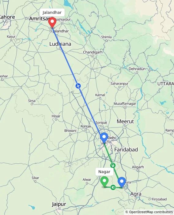 Route map showing distance and travel time from Nagar, India to Jalandhar, India