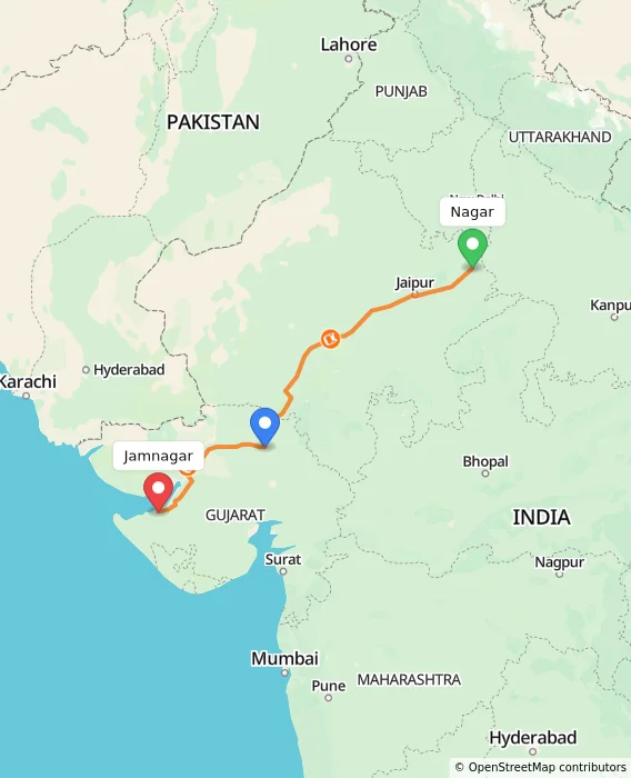 Route map showing distance and travel time from Nagar, India to Jamnagar, India